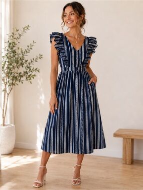 Navy Striped V-Neck Ruffle Midi Dress